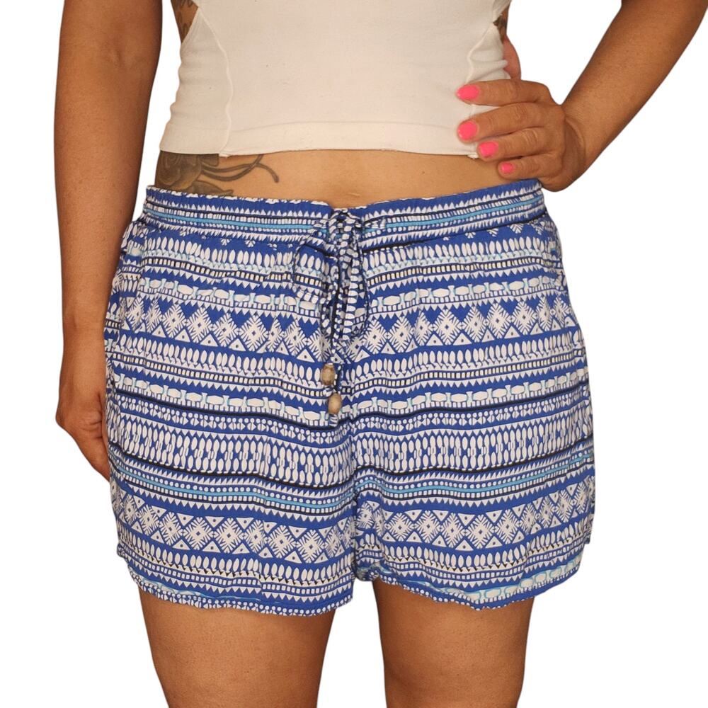 Old Navy Shorts Womens XL Blue White Geometric Boho Pull On Elastic Waist Beads
